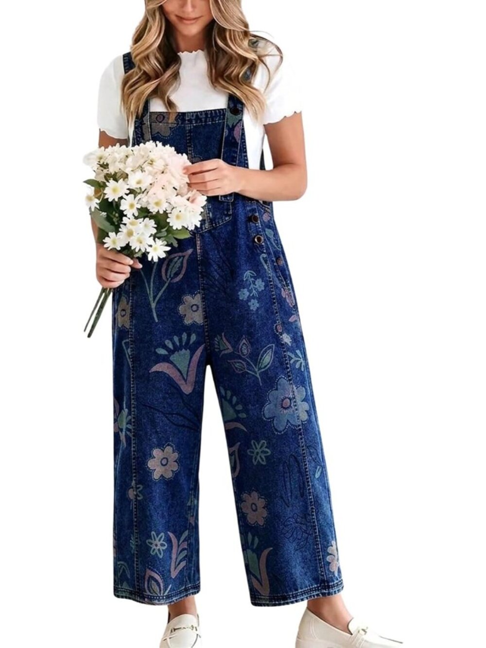 Women's Dark Blue Baggy Floral Denim Bib Overalls Jeans Y2K Wide Leg Jumpsuits